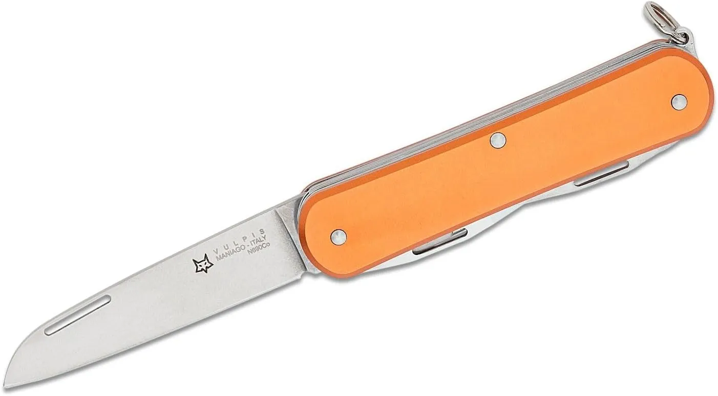Fox Knives Vulpis FX-VP130-F4 Slipjoint Folding Knife 4-in-1 Multitool 2.17in Blade, Bottle Opener, Can Opener, Flat Head Screwdriver, Scissors - Compact Versatile Minimalist Pocket Knife (Orange)