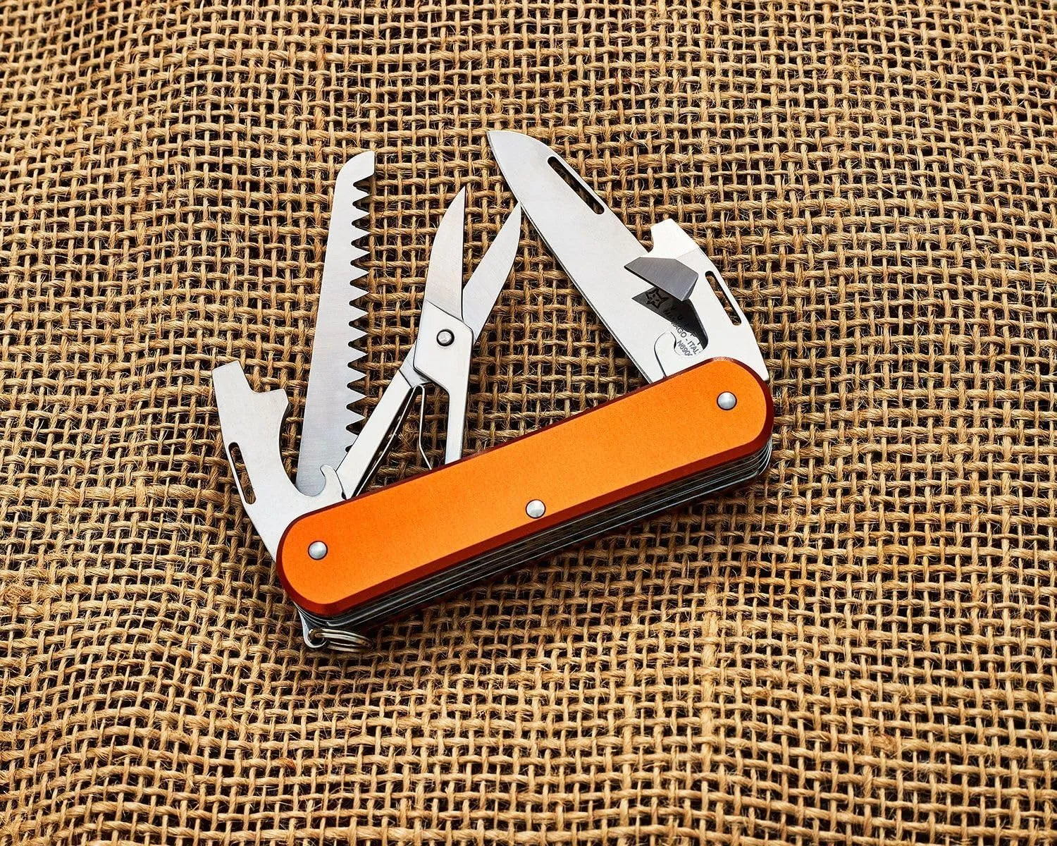 Fox Knives Vulpis FX-VP130-SF5 Slipjoint EDC Pocket Knife 5-in-1 Multitool - 2.17in Blade, Hacksaw, Bottle Opener, Can Opener, Scissors, Flat Head Screwdriver - Every Day Carry (Orange)