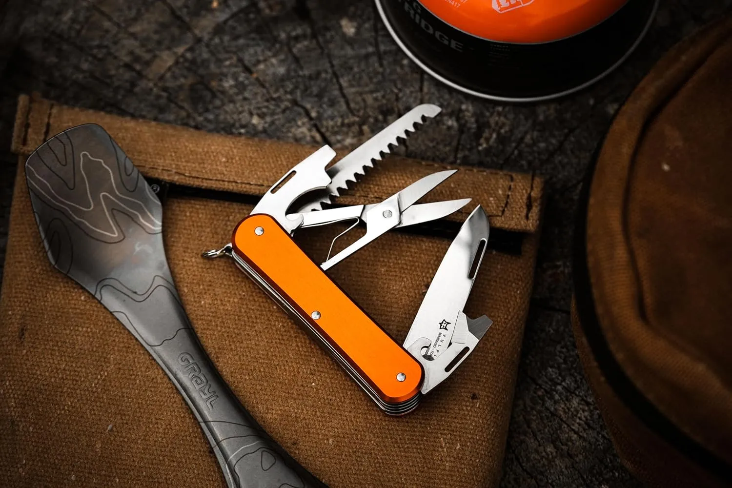 Fox Knives Vulpis FX-VP130-SF5 Slipjoint EDC Pocket Knife 5-in-1 Multitool - 2.17in Blade, Hacksaw, Bottle Opener, Can Opener, Scissors, Flat Head Screwdriver - Every Day Carry (Orange)