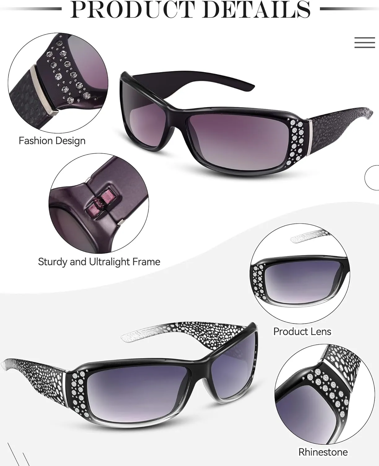 Frienda 3 Pairs Rhinestone Sunglasses Women Men Retro Wrap Around Glasses Crystal Oversized Trendy Bling Vintage Sunglasses