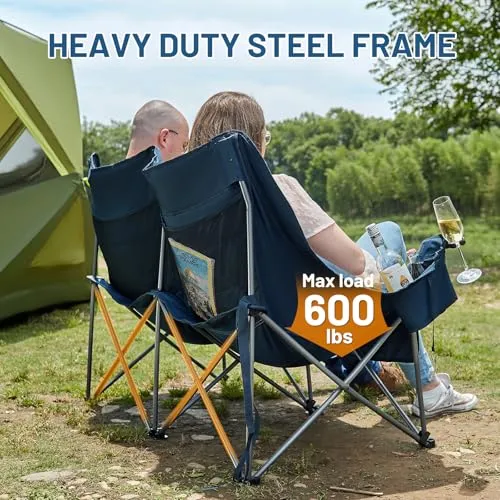 Fully Padded Double Camping Chair,Heavy Duty Outdoor Folding Camp Couch