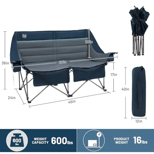 Fully Padded Double Camping Chair,Heavy Duty Outdoor Folding Camp Couch