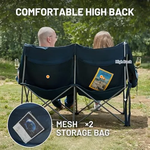 Fully Padded Double Camping Chair,Heavy Duty Outdoor Folding Camp Couch
