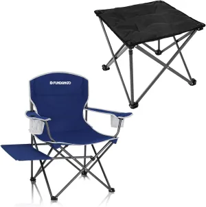 FUNDANGO Camping Stool Foot Rest and Folding Padded Camping Chair for Adults, Padded Folding Camping Stool and Portable Full Back Arm Chair with Side Table