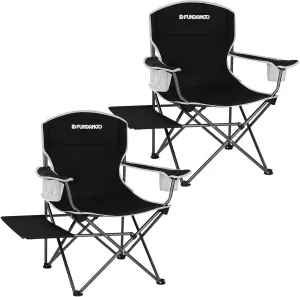 FUNDANGO Folding Padded Camping Chair, Portable Outdoor Full Back Lawn Arm Chair with Side Table Cup Holder Side Pocket for Garden, Picnic, BBQ with Carry Bag, Support 300LBS