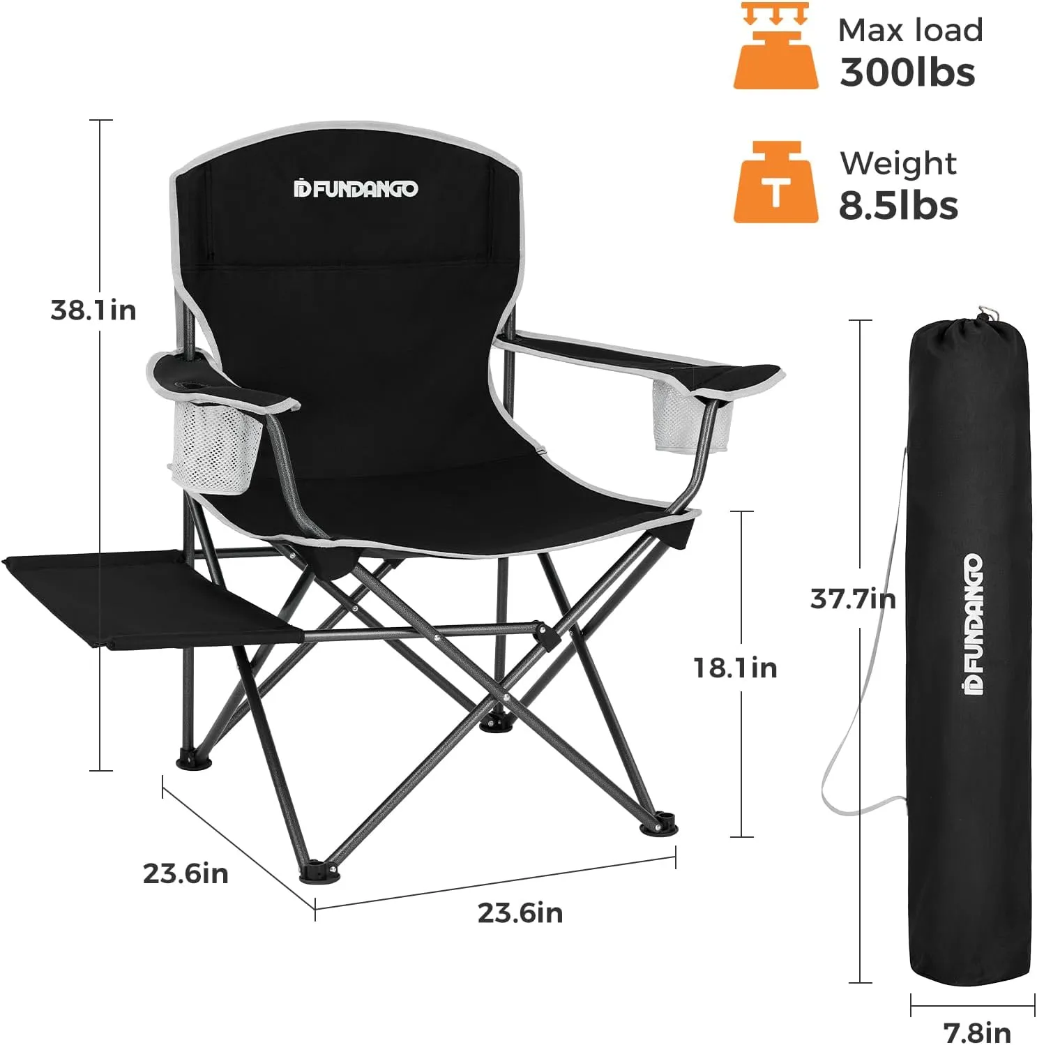 FUNDANGO Folding Padded Camping Chair, Portable Outdoor Full Back Lawn Arm Chair with Side Table Cup Holder Side Pocket for Garden, Picnic, BBQ with Carry Bag, Support 300LBS
