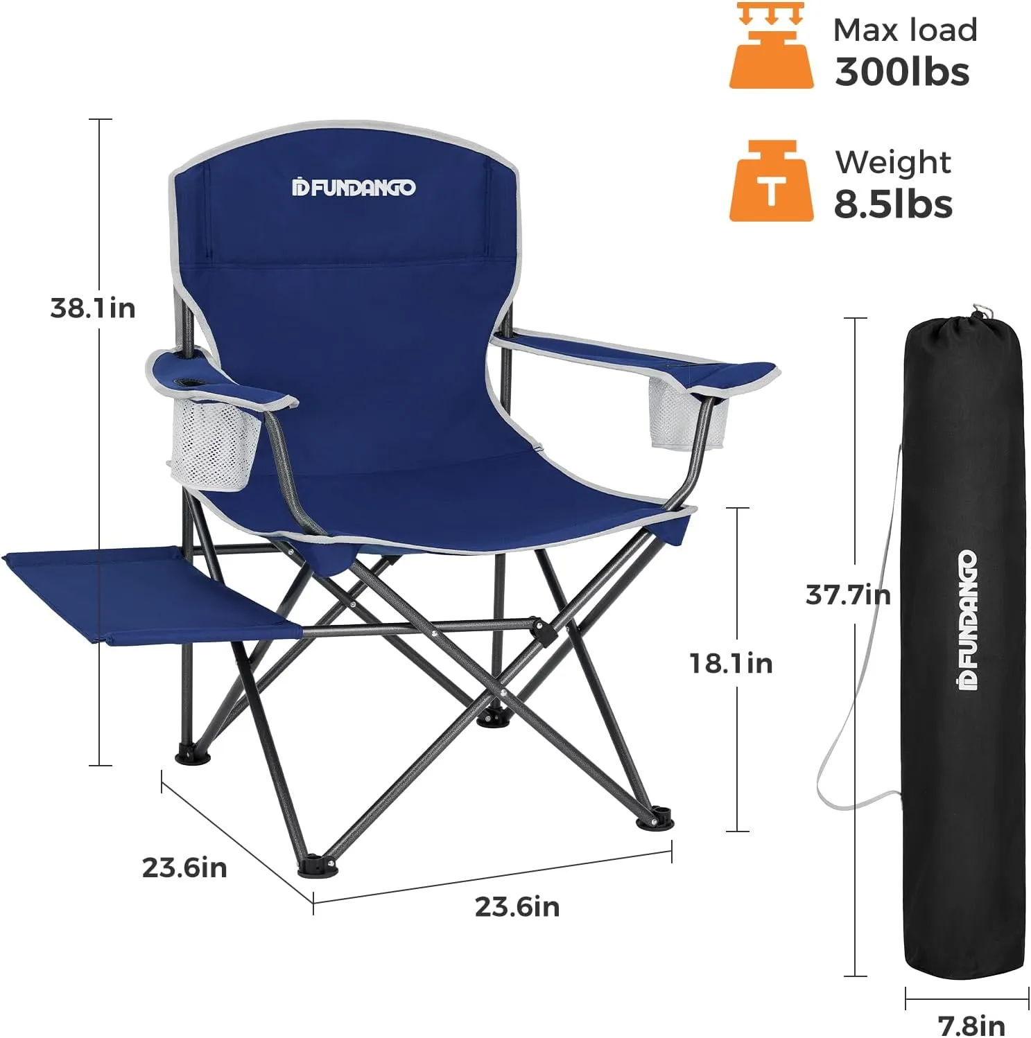 FUNDANGO Folding Padded Camping Chair, Portable Outdoor Full Back Lawn Arm Chair with Side Table Cup Holder Side Pocket for Garden, Picnic, BBQ with Carry Bag, Support 300LBS