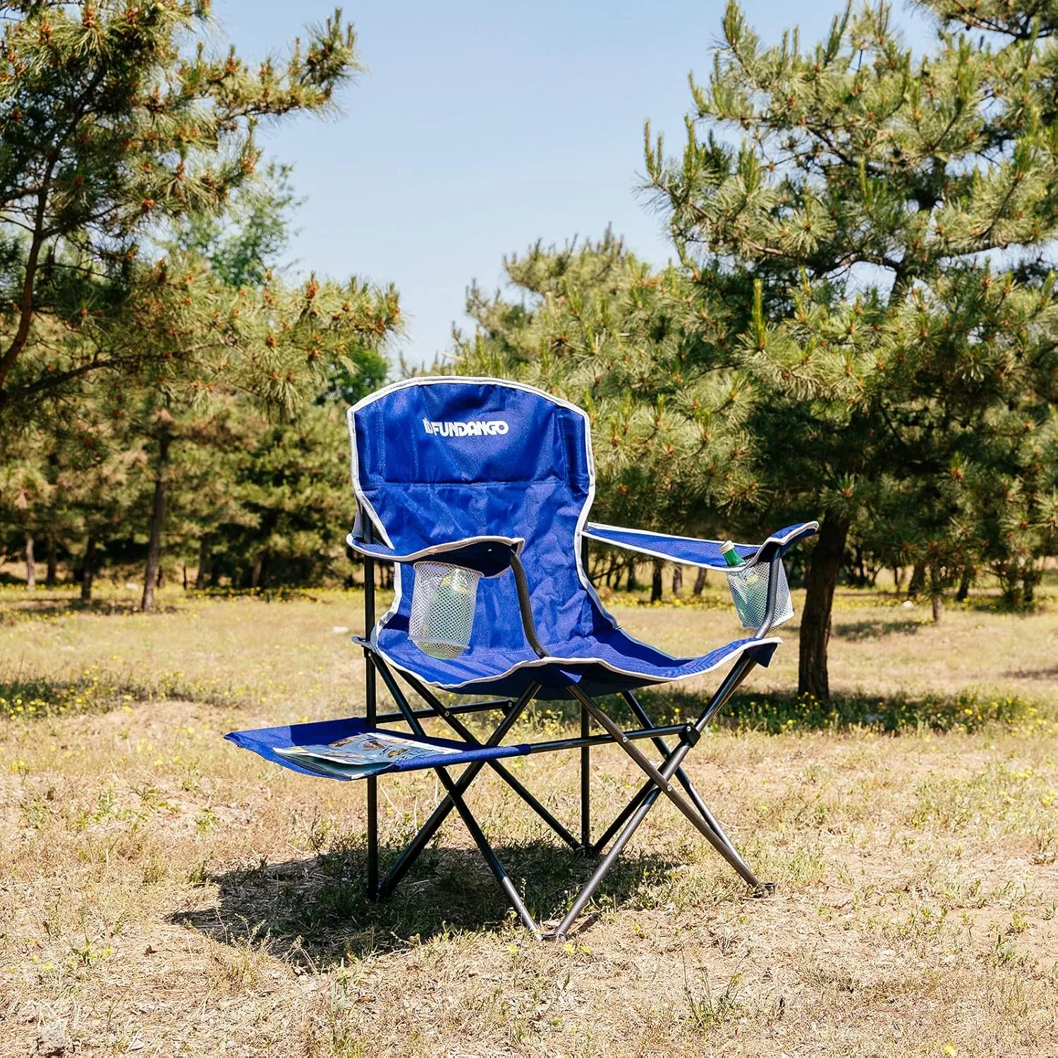 FUNDANGO Folding Padded Camping Chair, Portable Outdoor Full Back Lawn Arm Chair with Side Table Cup Holder Side Pocket for Garden, Picnic, BBQ with Carry Bag, Support 300LBS