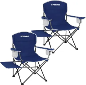 FUNDANGO Folding Padded Camping Chair, Portable Outdoor Full Back Lawn Arm Chair with Side Table Cup Holder Side Pocket for Garden, Picnic, BBQ with Carry Bag, Support 300LBS