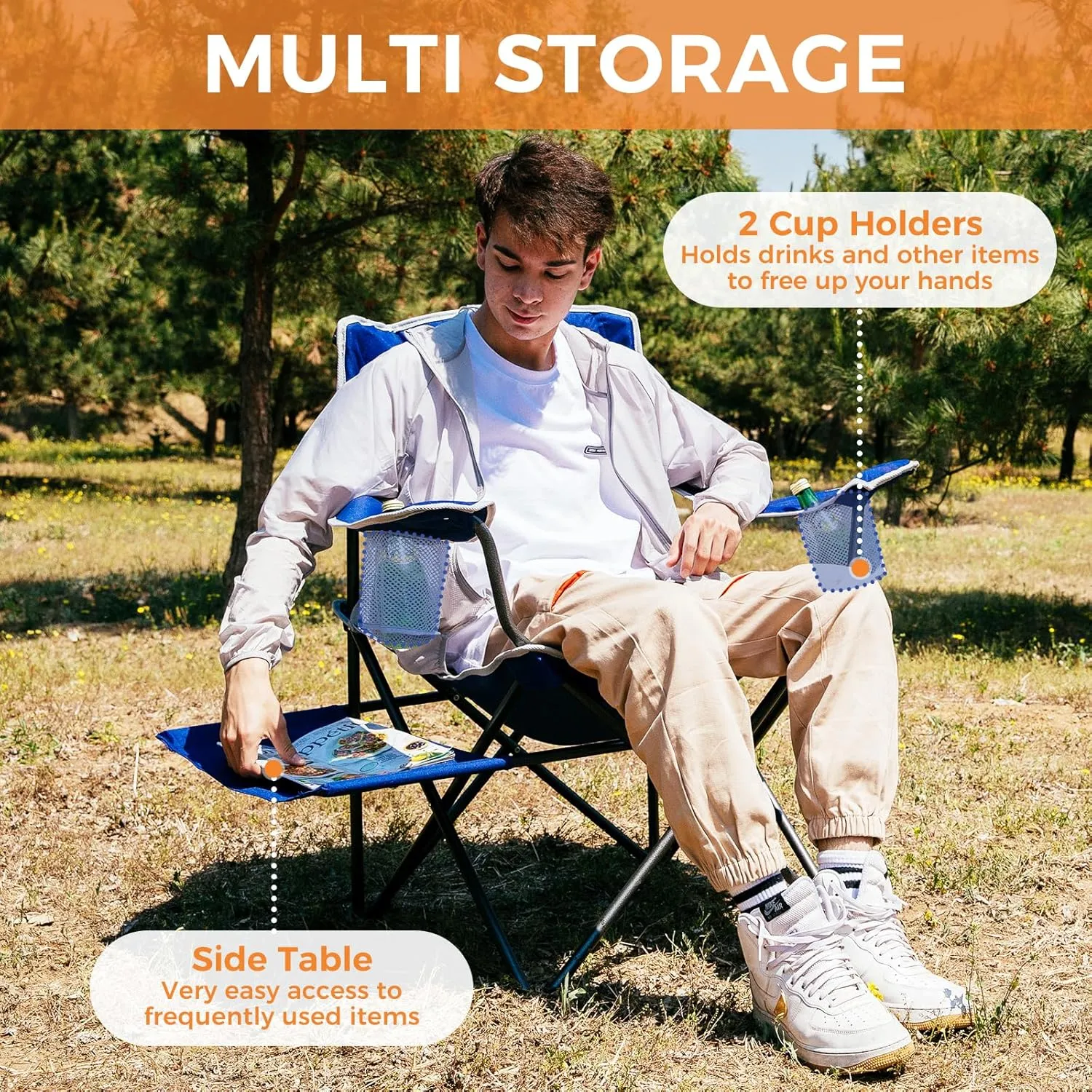 FUNDANGO Folding Padded Camping Chair, Portable Outdoor Full Back Lawn Arm Chair with Side Table Cup Holder Side Pocket for Garden, Picnic, BBQ with Carry Bag, Support 300LBS