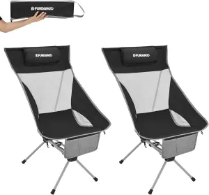 FUNDANGO High Back Camping Chair, 2 Pack Portable Folding Camp Chair for Adults with Headrest for BBQ Outdoor Lawn Hiking Fishing Picnicl (Black)