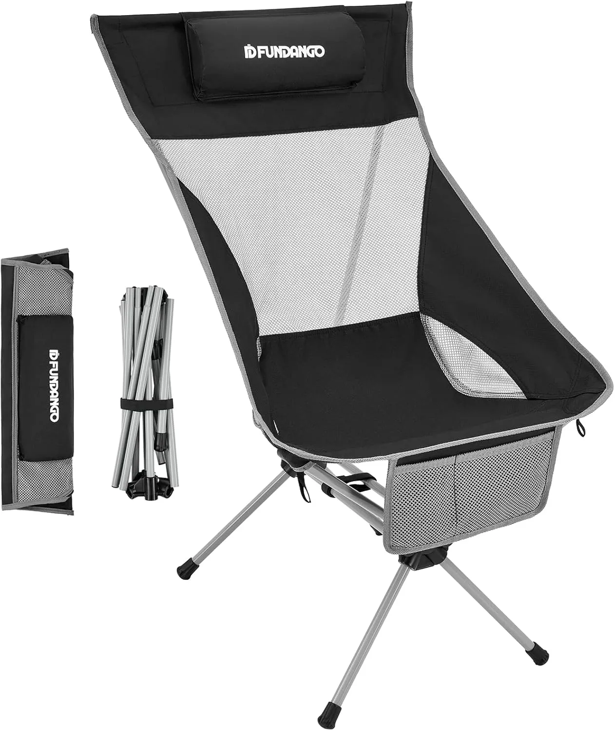 FUNDANGO High Back Camping Chair, Portable Folding Camp Chair for Adults with Headrest for BBQ Outdoor Lawn Hiking Fishing Picnicl (Black)