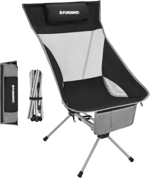 FUNDANGO High Back Camping Chair, Portable Folding Camp Chair for Adults with Headrest for BBQ Outdoor Lawn Hiking Fishing Picnicl (Black)