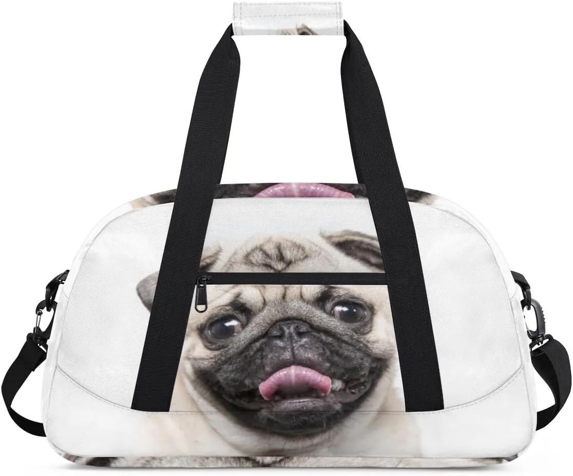 Funny Pug Puppy Gym Duffel Bag for Men Women Cute Dog Sports Tote Bag with Adjustable Shoulder Strap for Dance Gymnastics Traveling Outdoor Camping Overnight Stay