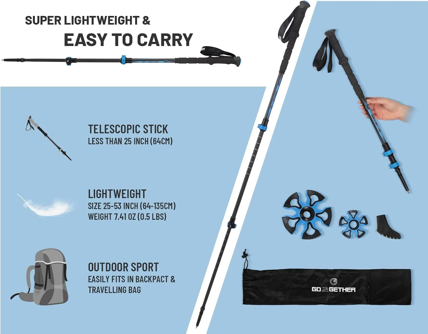 G2 Carbon Fiber Trekking Poles Telescopic/EVA Foam Grip/Foam Padded Wrist Strap/Auto-Adjustable Strap/Quick Flip Lock (Pack of 2 Poles)