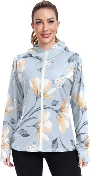 GAIGEO Allover Flowers on Blue Women Jacket UPF 50  Uv Clothes Women Cooling Fabric, Thumb Holes, XXL
