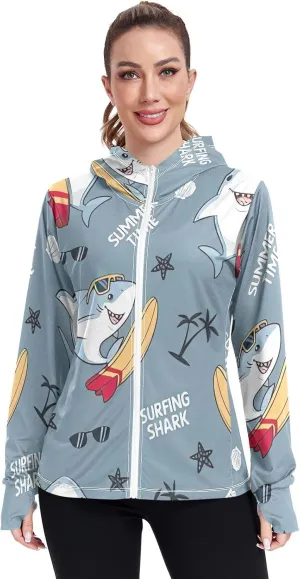 GAIGEO Gray Summer Time Surfer Shark Women Jacket L Size Breathable Uv Clothes Women with Thumb Holes