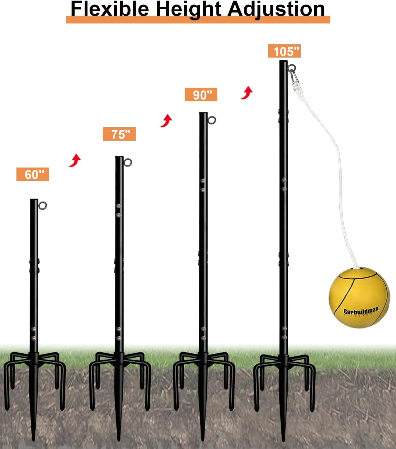 Garbuildman Tetherball Set with Ball & Rope for Outdoor Backyard, Adjustable Tether Ball Pole with Screw Reinforcement 5-Prong Base for Playground, Outside Ball Games Sports for Kids & Adults