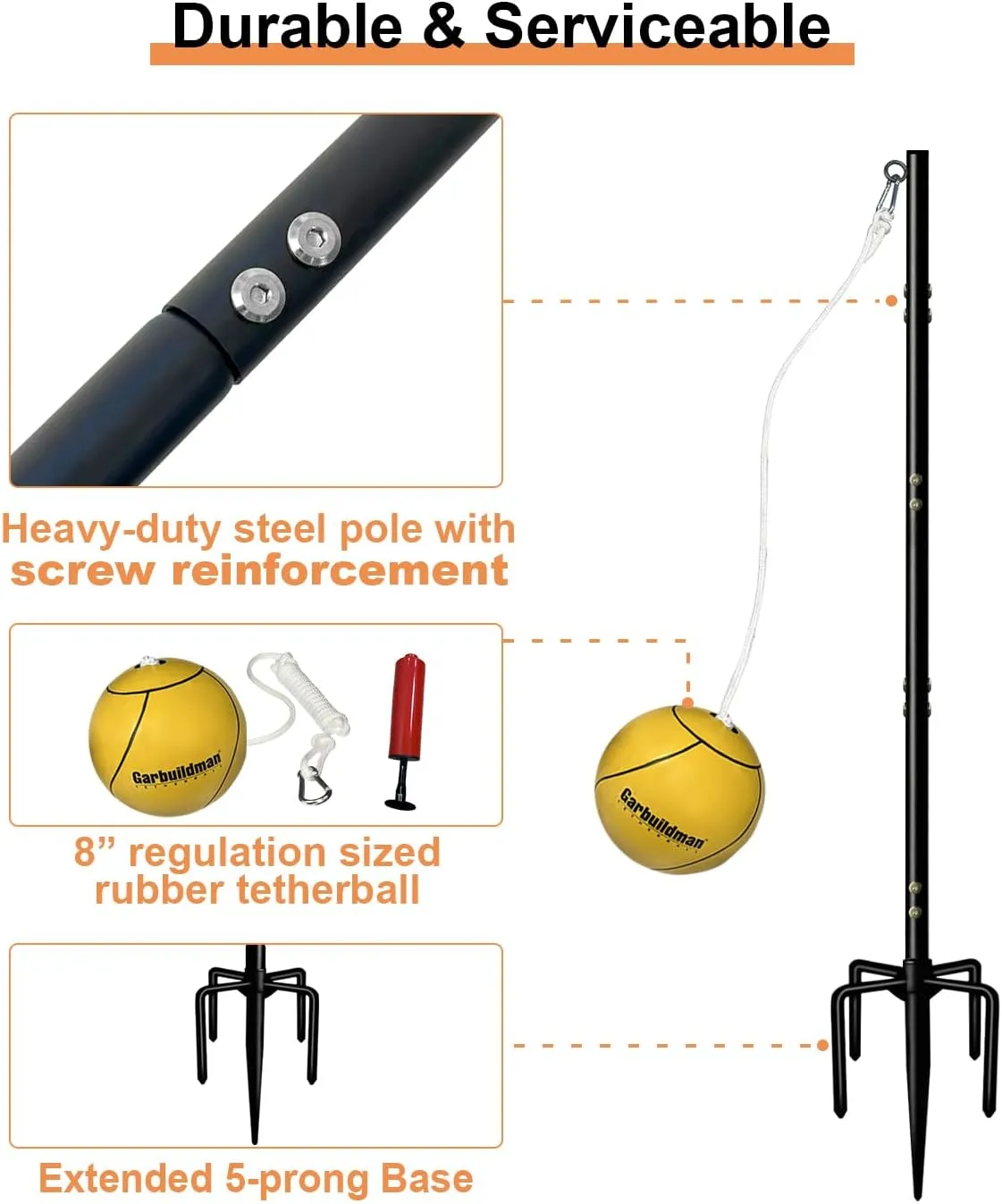 Garbuildman Tetherball Set with Ball & Rope for Outdoor Backyard, Adjustable Tether Ball Pole with Screw Reinforcement 5-Prong Base for Playground, Outside Ball Games Sports for Kids & Adults