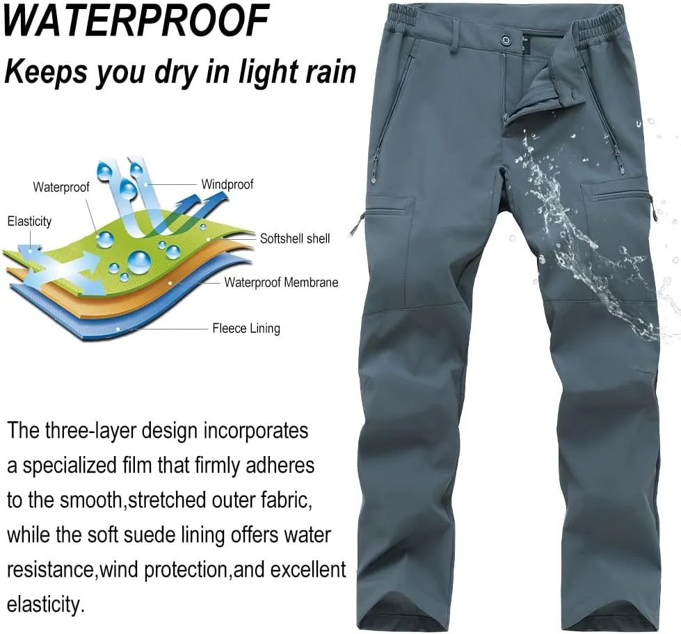 Gash Hao Mens Waterproof Ski Snow Pants Hiking Softshell Cargo Fleece Lined Warm Insulated Outdoor Fishing Pants