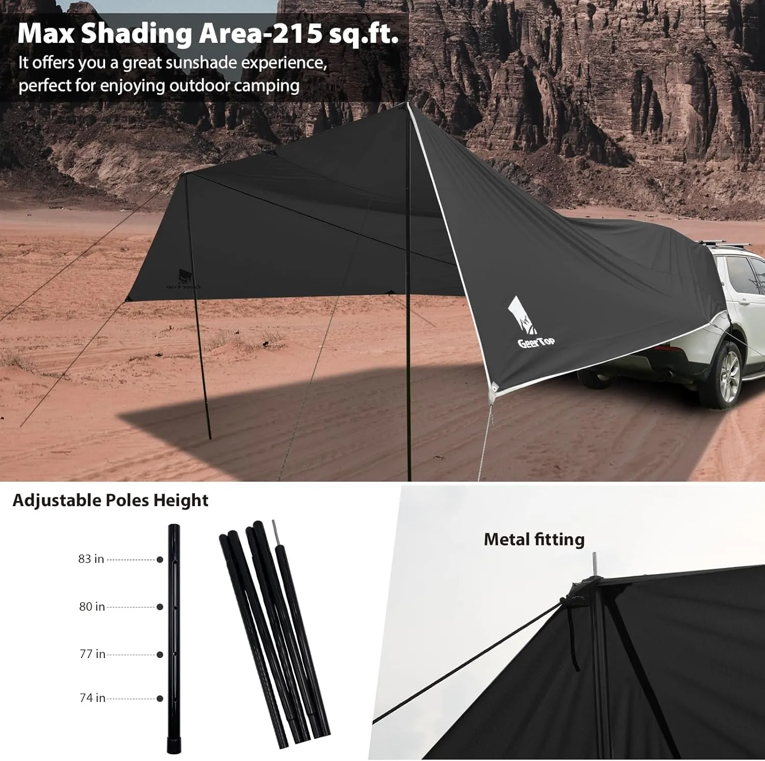 GEERTOP Large Car Awning Tarp for Camping Backpacking Tarp SUV Tailgate Truck Canopy Sun Shade Waterproof Outdoor Rear Vehicle Awning Shelter for Van, MPV, Campers