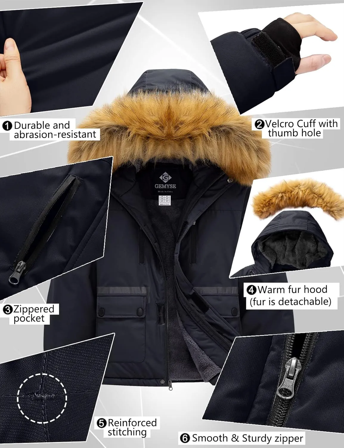 GEMYSE Boy's Winter Waterproof Ski Snow Jacket Hooded Fleece Windproof Jacket