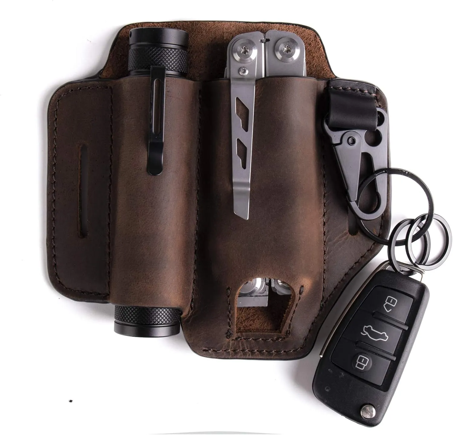 Gentlestache Leather Sheath for Leatherman Multitool Sheath EDC Pocket Organizer with Key Holder for Belt and Flashlight Sheath Multitool Pouch Darkbrown