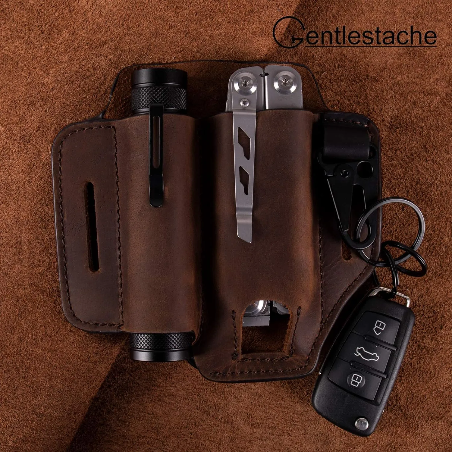 Gentlestache Leather Sheath for Leatherman Multitool Sheath EDC Pocket Organizer with Key Holder for Belt and Flashlight Sheath Multitool Pouch Darkbrown