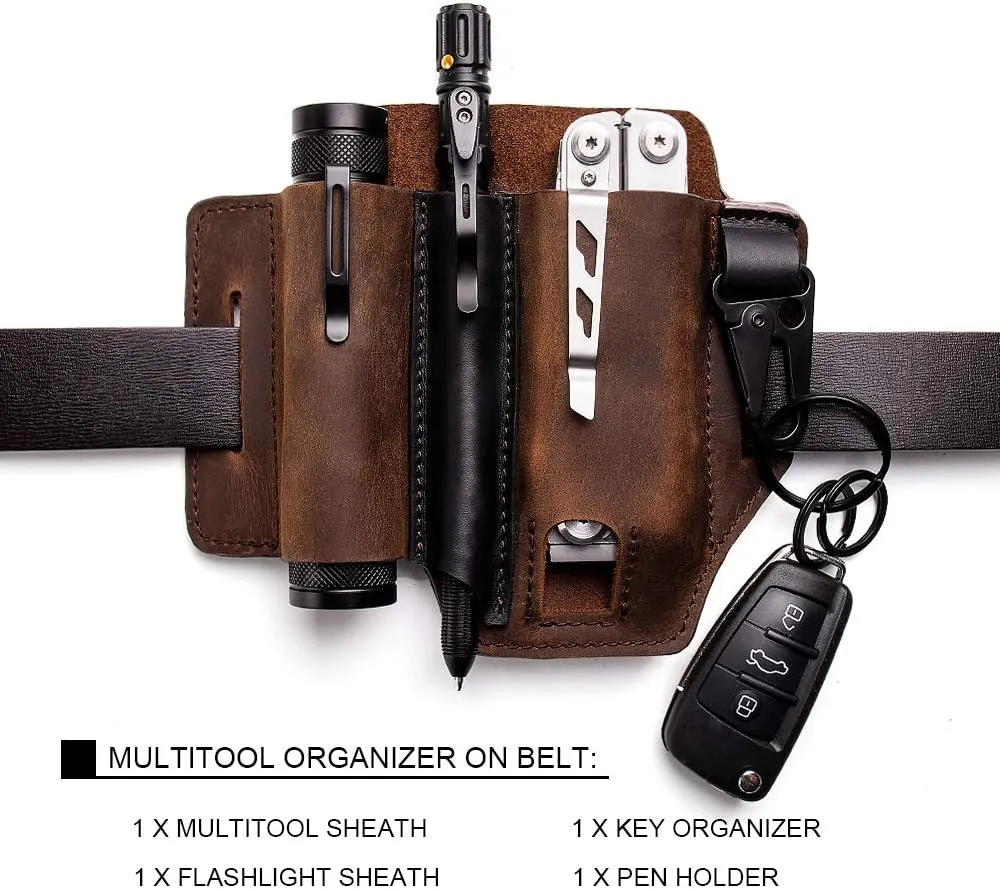 Gentlestache Multitool Sheath for Belt, Leatherman Sheath for Men, Leather EDC Pocket Organizer with Pen Holder, Key Fob, Flashlight Sheath, EDC Leather Pouch Darkbrownn
