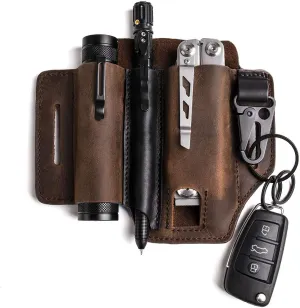 Gentlestache Multitool Sheath for Belt, Leatherman Sheath for Men, Leather EDC Pocket Organizer with Pen Holder, Key Fob, Flashlight Sheath, EDC Leather Pouch Darkbrownn