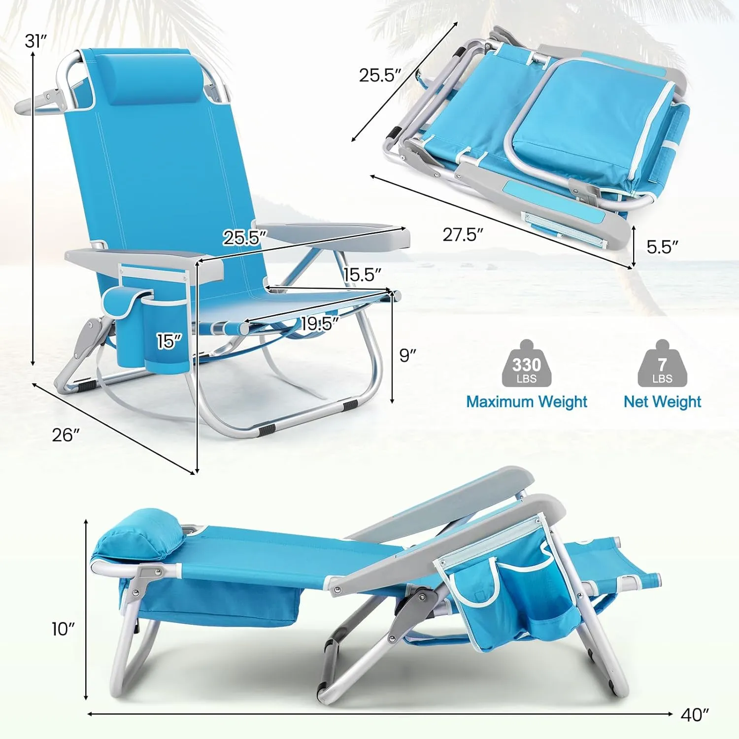 Giantex 2-Pack Beach Chair, Foldable Backpack Chairs with 5 Adjustable Position, Cup Holder, Storage Pockets, Straps, Towel Rack, Pillow, 330lbs Aluminum Camping Chair for Outdoor Lay Flat, Sky Blue