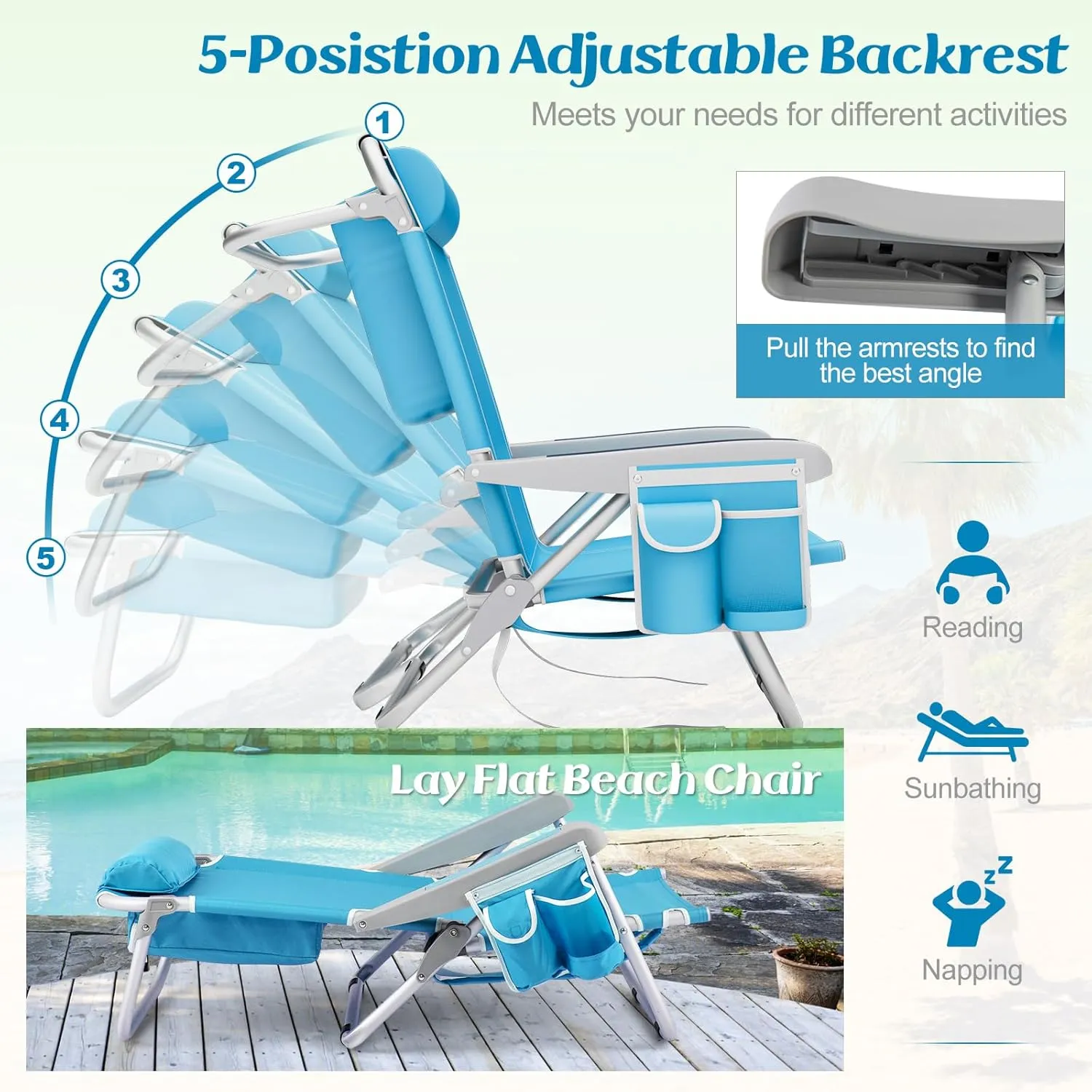 Giantex 2-Pack Beach Chair, Foldable Backpack Chairs with 5 Adjustable Position, Cup Holder, Storage Pockets, Straps, Towel Rack, Pillow, 330lbs Aluminum Camping Chair for Outdoor Lay Flat, Sky Blue