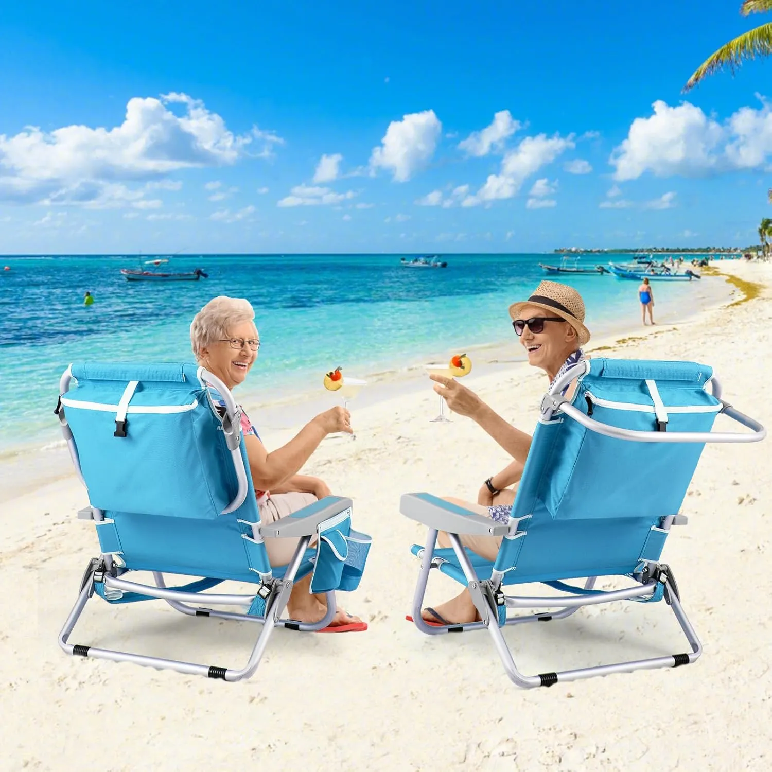 Giantex 2-Pack Beach Chair, Foldable Backpack Chairs with 5 Adjustable Position, Cup Holder, Storage Pockets, Straps, Towel Rack, Pillow, 330lbs Aluminum Camping Chair for Outdoor Lay Flat, Sky Blue