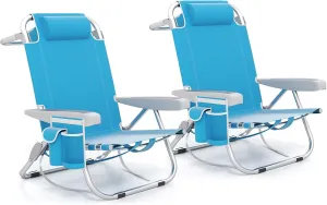 Giantex 2-Pack Beach Chair, Foldable Backpack Chairs with 5 Adjustable Position, Cup Holder, Storage Pockets, Straps, Towel Rack, Pillow, 330lbs Aluminum Camping Chair for Outdoor Lay Flat, Sky Blue