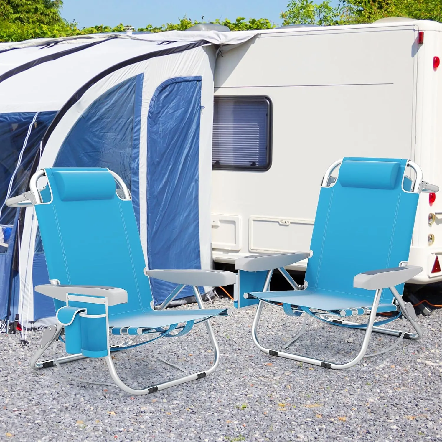 Giantex 2-Pack Beach Chair, Foldable Backpack Chairs with 5 Adjustable Position, Cup Holder, Storage Pockets, Straps, Towel Rack, Pillow, 330lbs Aluminum Camping Chair for Outdoor Lay Flat, Sky Blue