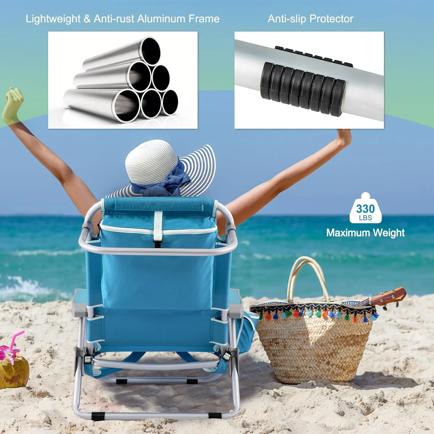 Giantex Beach Chair, Foldable Backpack Chair with 5 Adjustable Position, Cup Holder, Storage Pockets, Straps, Towel Rack, Pillow, 330lbs Aluminum Lay Flat Chairs for Outdoor Camping, Sky Blue