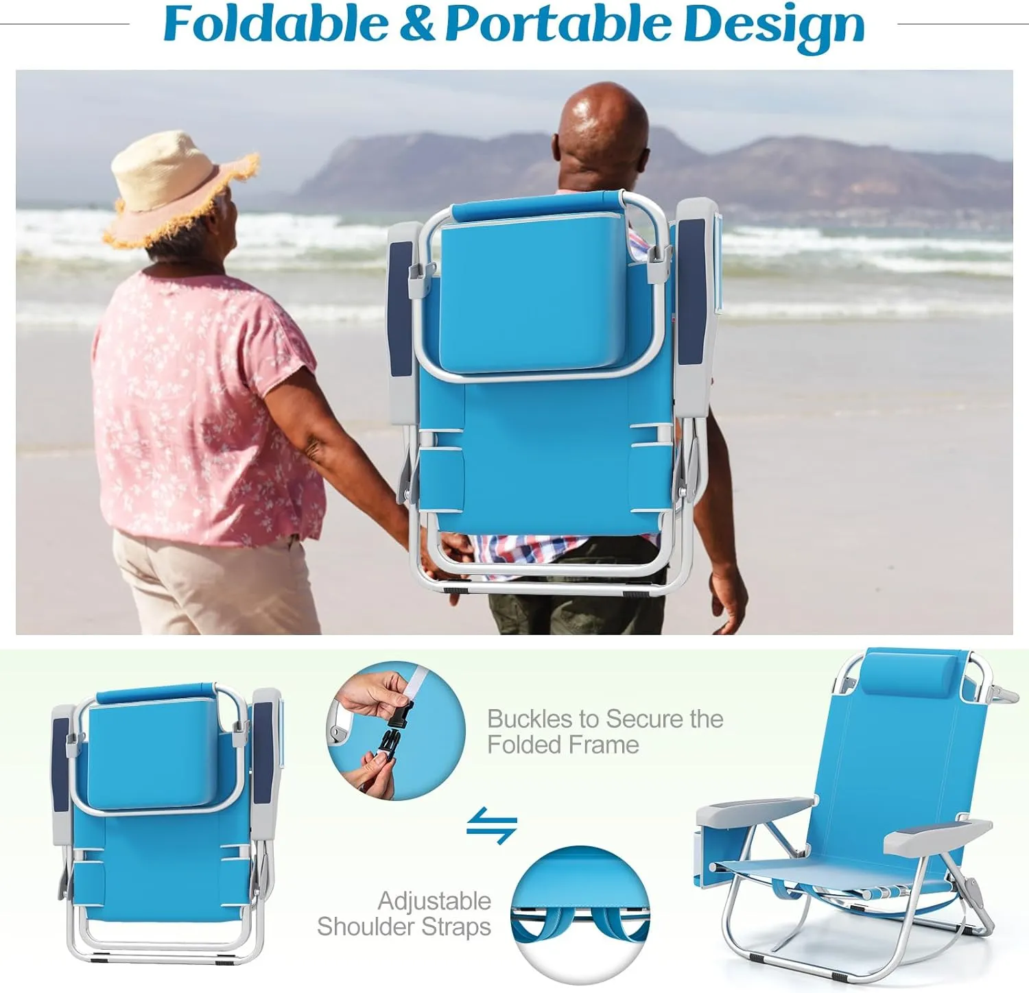 Giantex Beach Chair, Foldable Backpack Chair with 5 Adjustable Position, Cup Holder, Storage Pockets, Straps, Towel Rack, Pillow, 330lbs Aluminum Lay Flat Chairs for Outdoor Camping, Sky Blue