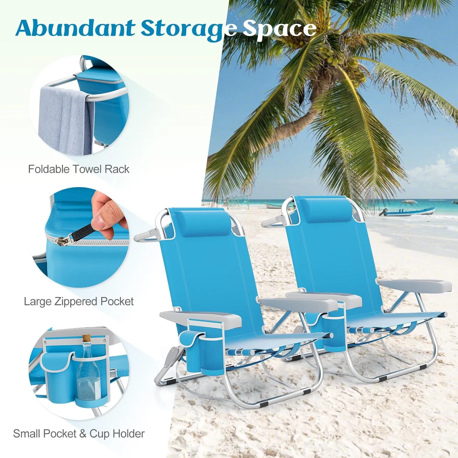 Giantex Beach Chair, Foldable Backpack Chair with 5 Adjustable Position, Cup Holder, Storage Pockets, Straps, Towel Rack, Pillow, 330lbs Aluminum Lay Flat Chairs for Outdoor Camping, Sky Blue