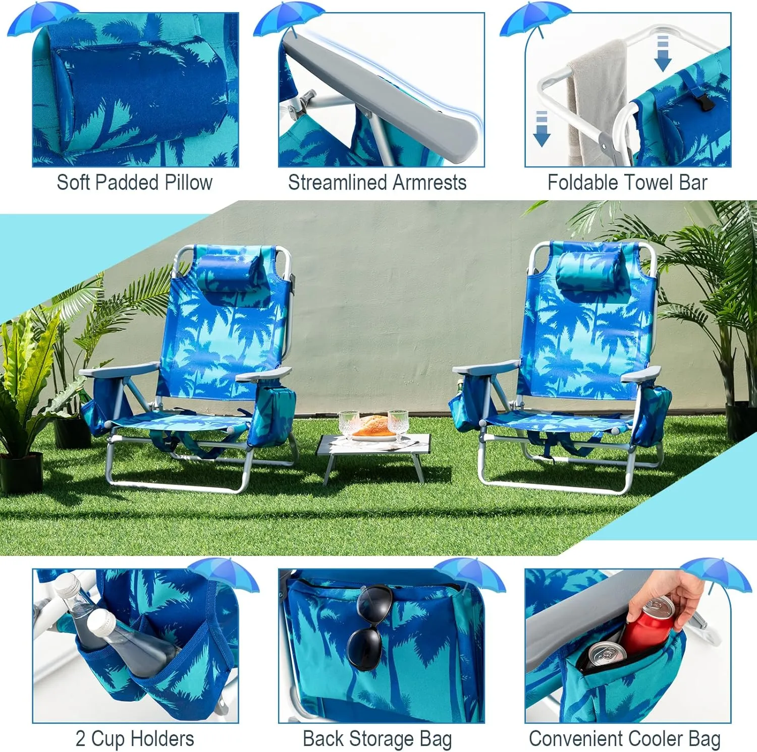 Giantex Folding Beach Chair, Patio Sling Chairs with 5 Adjustable Position, Head Pillow, Storage Bag, Towel Bar, Cup Holders, Backpack Chairs for Sunbathing, Camping Chair