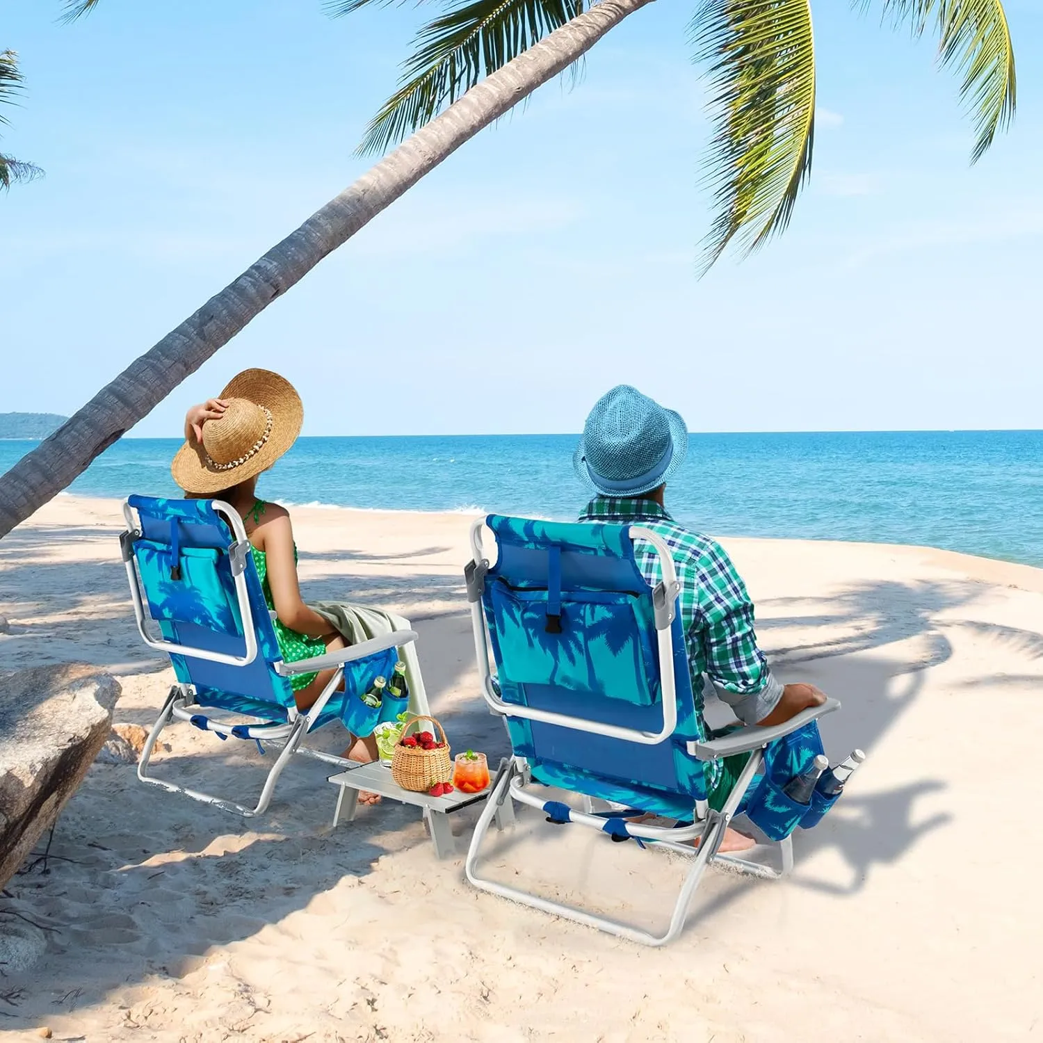 Giantex Folding Beach Chair, Patio Sling Chairs with 5 Adjustable Position, Head Pillow, Storage Bag, Towel Bar, Cup Holders, Backpack Chairs for Sunbathing, Camping Chair