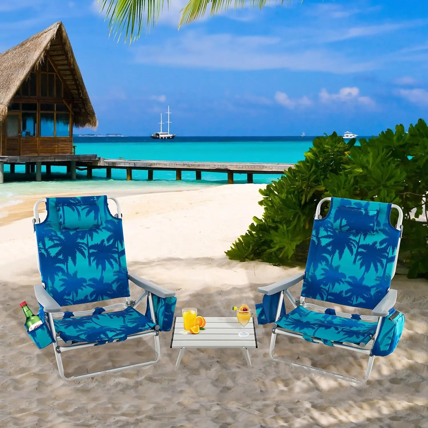 Giantex Folding Beach Chair, Patio Sling Chairs with 5 Adjustable Position, Head Pillow, Storage Bag, Towel Bar, Cup Holders, Backpack Chairs for Sunbathing, Camping Chair
