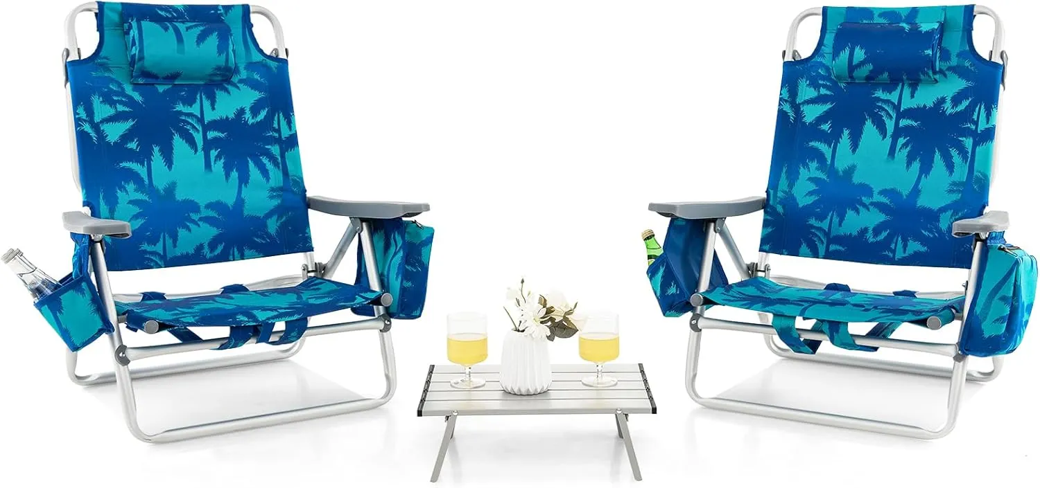 Giantex Folding Beach Chair, Patio Sling Chairs with 5 Adjustable Position, Head Pillow, Storage Bag, Towel Bar, Cup Holders, Backpack Chairs for Sunbathing, Camping Chair