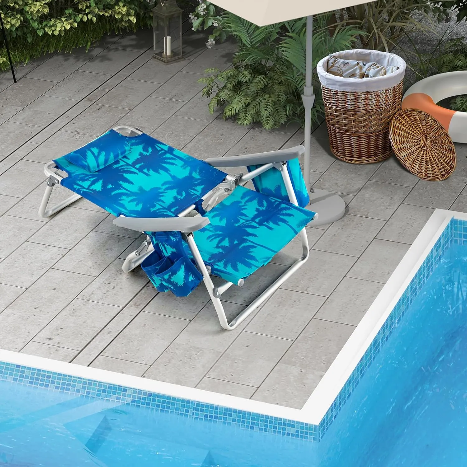 Giantex Folding Beach Chair, Patio Sling Chairs with 5 Adjustable Position, Head Pillow, Storage Bag, Towel Bar, Cup Holders, Backpack Chairs for Sunbathing, Camping Chair