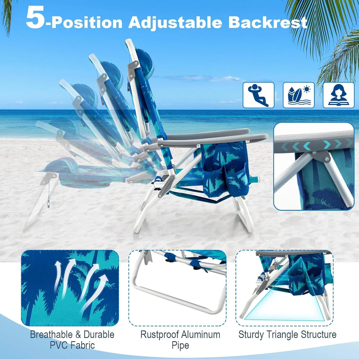 Giantex Folding Beach Chair, Patio Sling Chairs with 5 Adjustable Position, Head Pillow, Storage Bag, Towel Bar, Cup Holders, Backpack Chairs for Sunbathing, Camping Chair