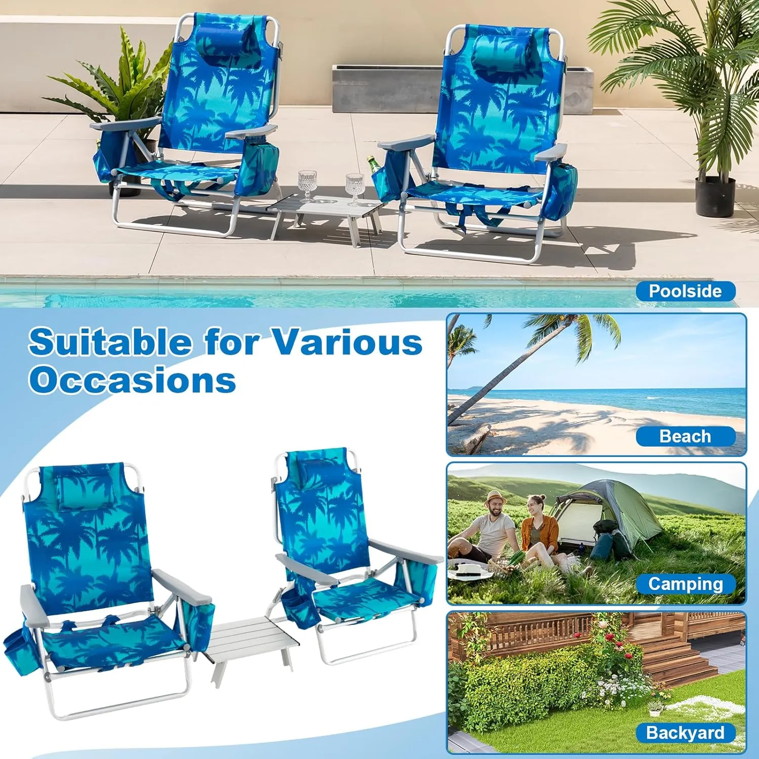 Giantex Folding Beach Chair, Patio Sling Chairs with 5 Adjustable Position, Head Pillow, Storage Bag, Towel Bar, Cup Holders, Backpack Chairs for Sunbathing, Camping Chair