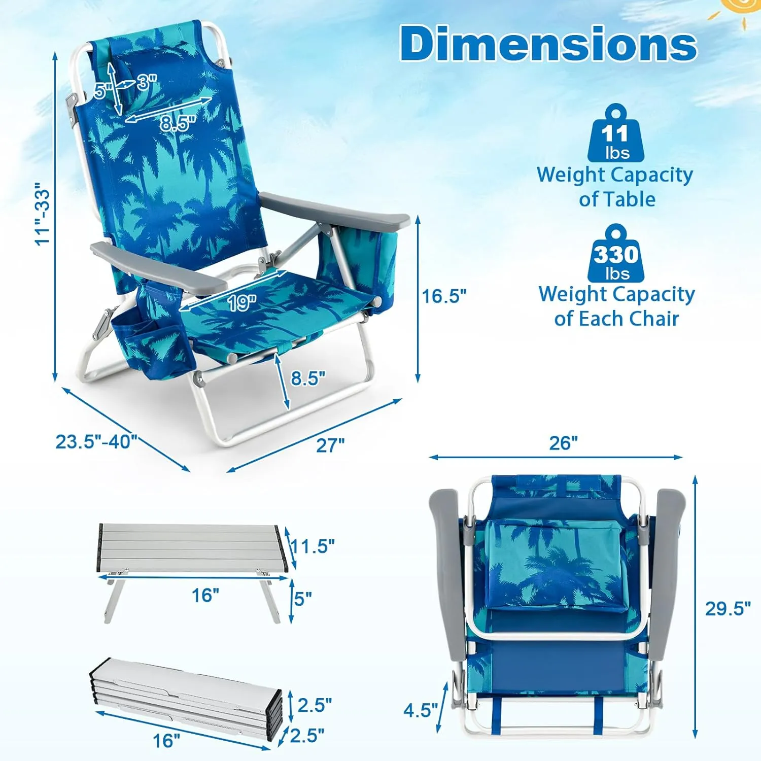 Giantex Folding Beach Chair, Patio Sling Chairs with 5 Adjustable Position, Head Pillow, Storage Bag, Towel Bar, Cup Holders, Backpack Chairs for Sunbathing, Camping Chair
