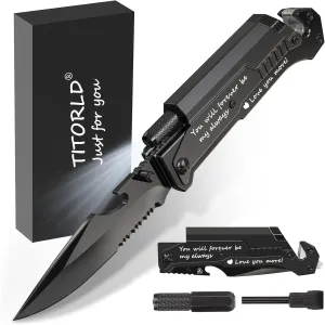 Gifts for Men Him, Anniversary Birthday Gifts for Him Boyfriend Husband, Engraved Pocket Knife, Camping Hunting Multitool Knife Present, 7 in 1 Folding Knives with LED Light
