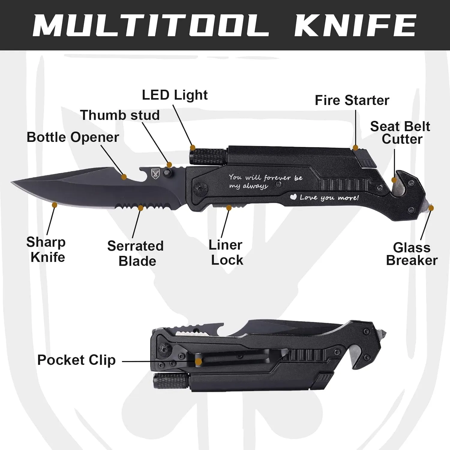 Gifts for Men Him, Anniversary Birthday Gifts for Him Boyfriend Husband, Engraved Pocket Knife, Camping Hunting Multitool Knife Present, 7 in 1 Folding Knives with LED Light