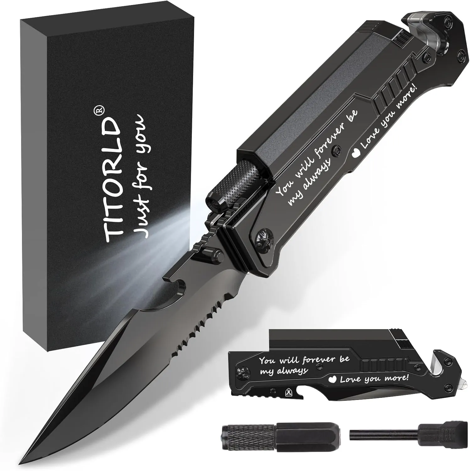 Gifts for Men Him, Anniversary Birthday Gifts for Him Boyfriend Husband, Engraved Pocket Knife, Camping Hunting Multitool Knife Present, 7 in 1 Folding Knives with LED Light