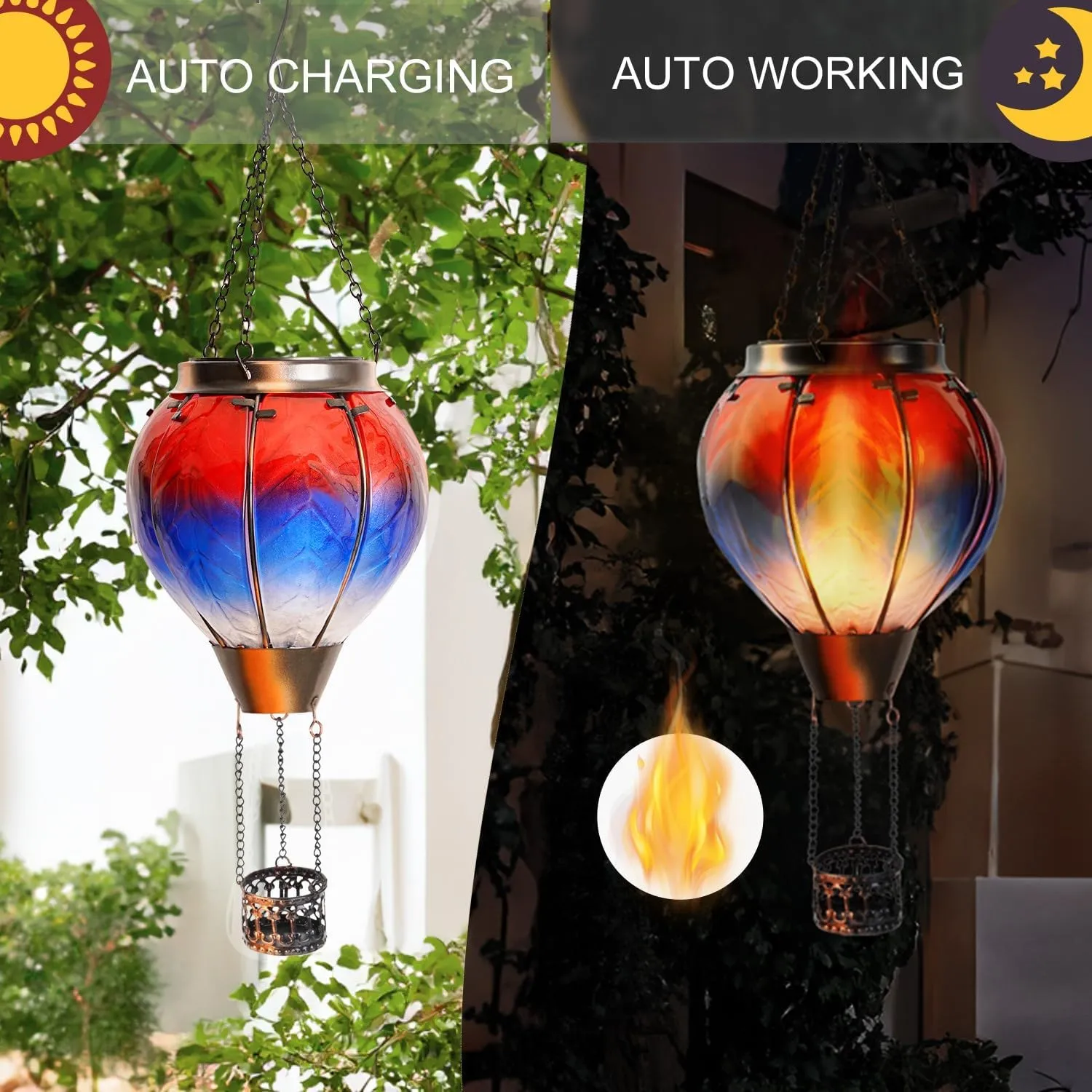 Gifts for Mothers Hot Air Balloon Solar Lantern with Flickering Flame Light Outdoor Solar Hanging Lights Waterproof for Garden Yard Farmhouse Patio Pathway Outside Decoration,Glass(Red&Blue)